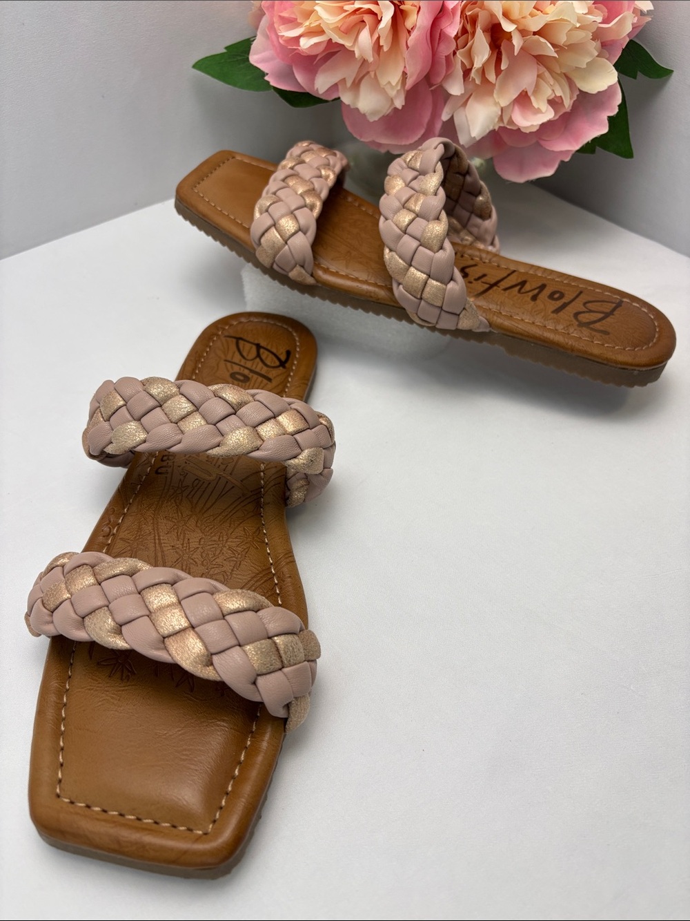 Blowfish Malibu Womens 10 Braided Double-Strap Slide Sandals in Blush&Gold #725